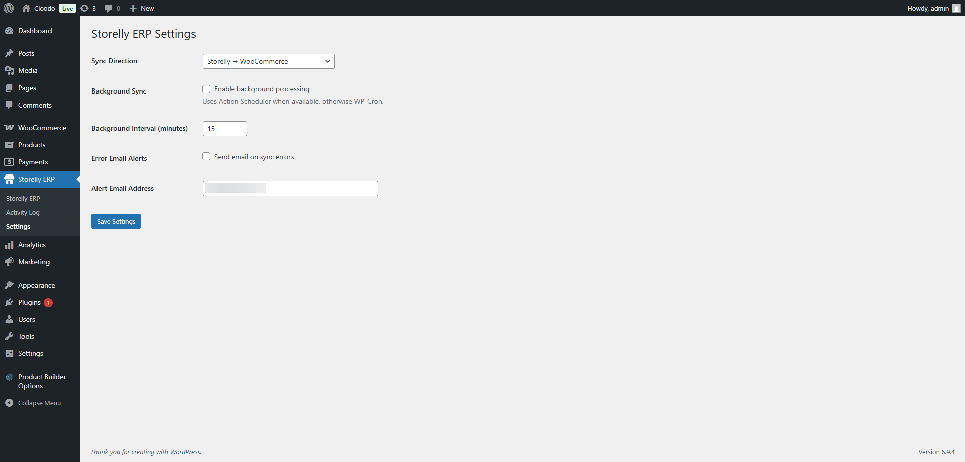 Storelly ERP settings for sync direction and background processing.