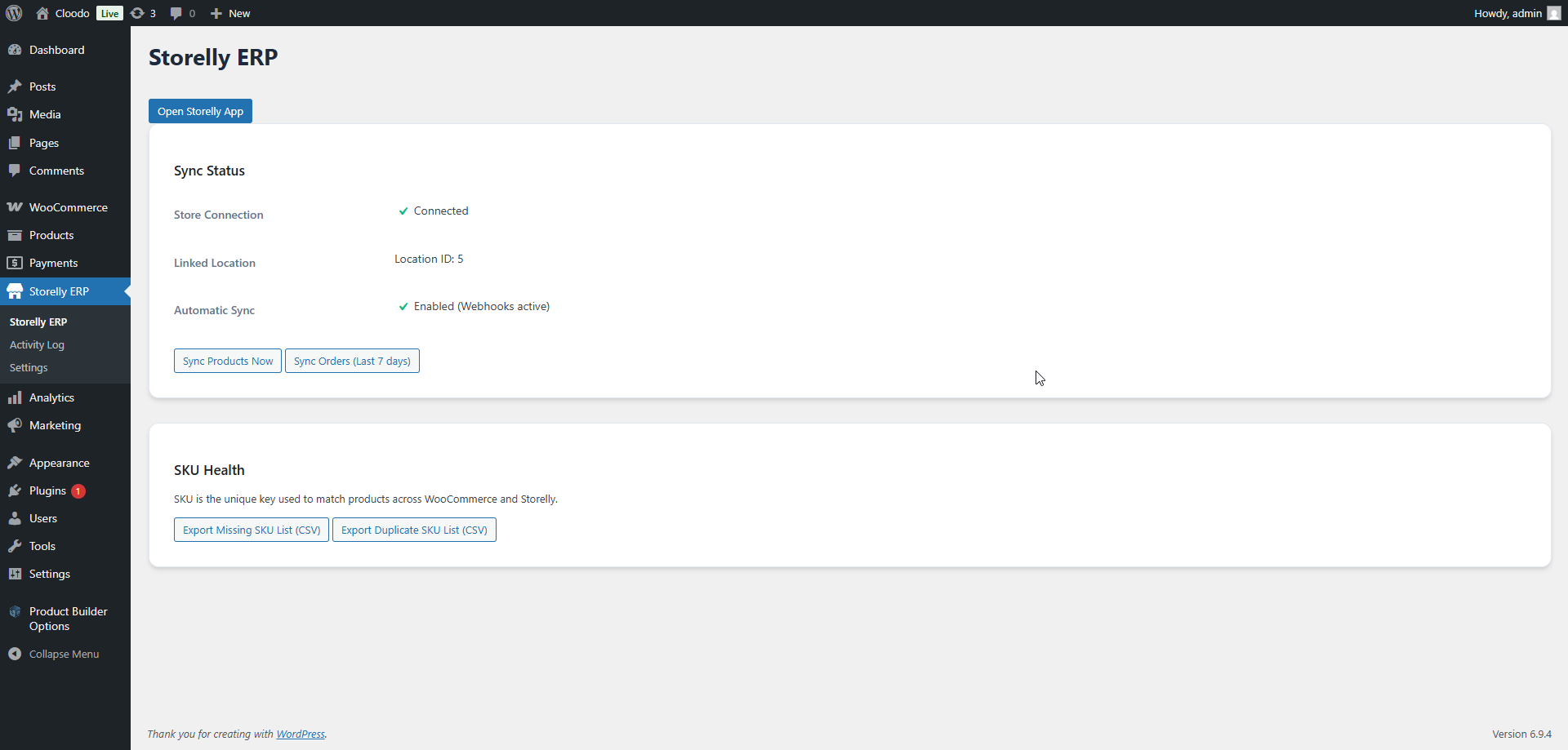 Storelly ERP dashboard showing sync status and SKU health tools.
