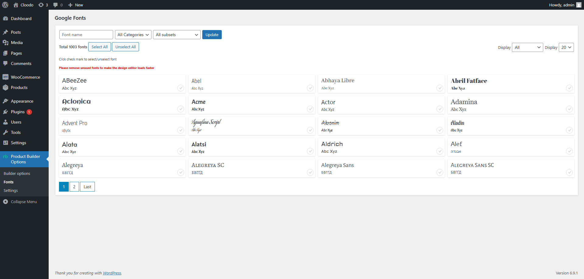 Google Fonts manager for selecting admin fonts