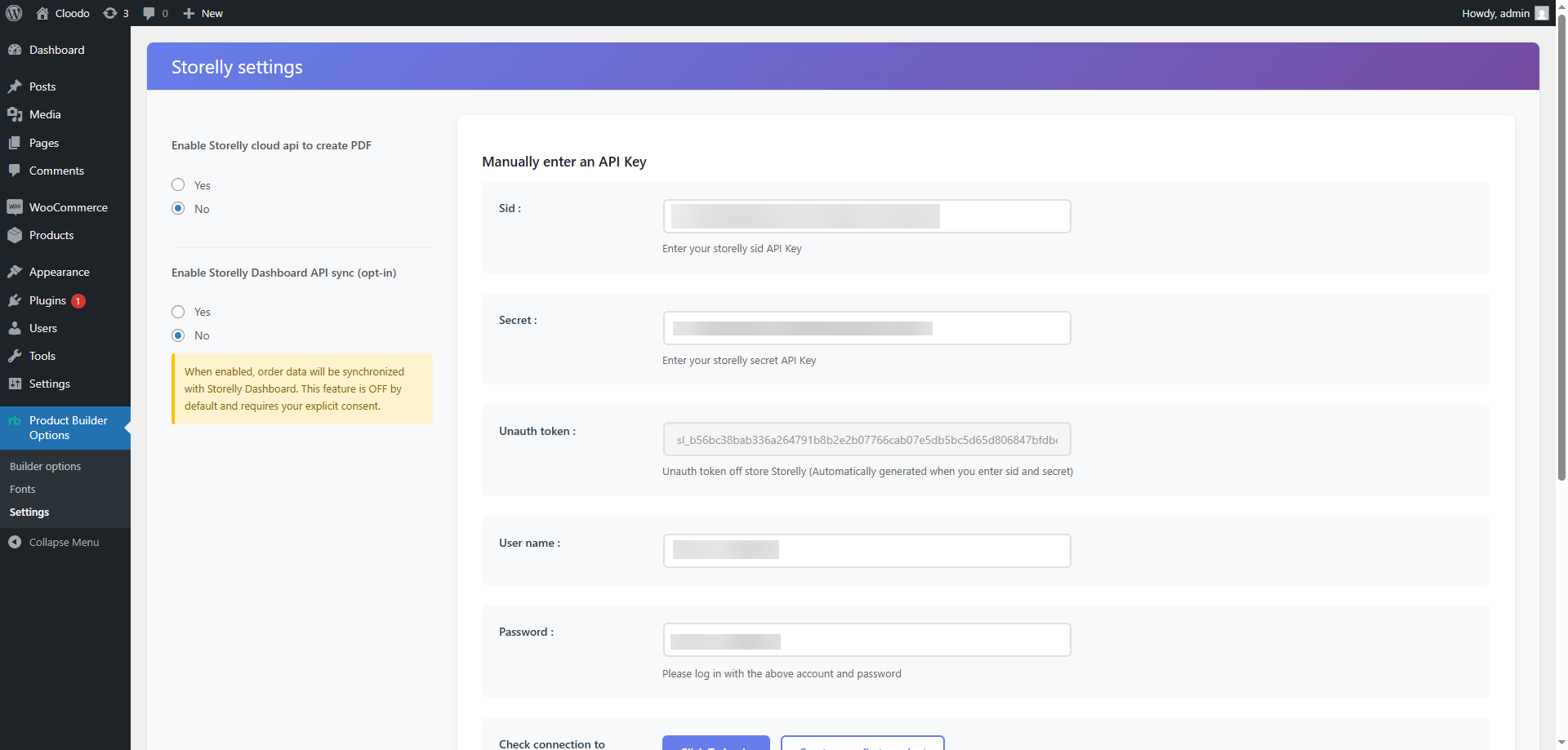 Storelly settings page with API keys and sync options