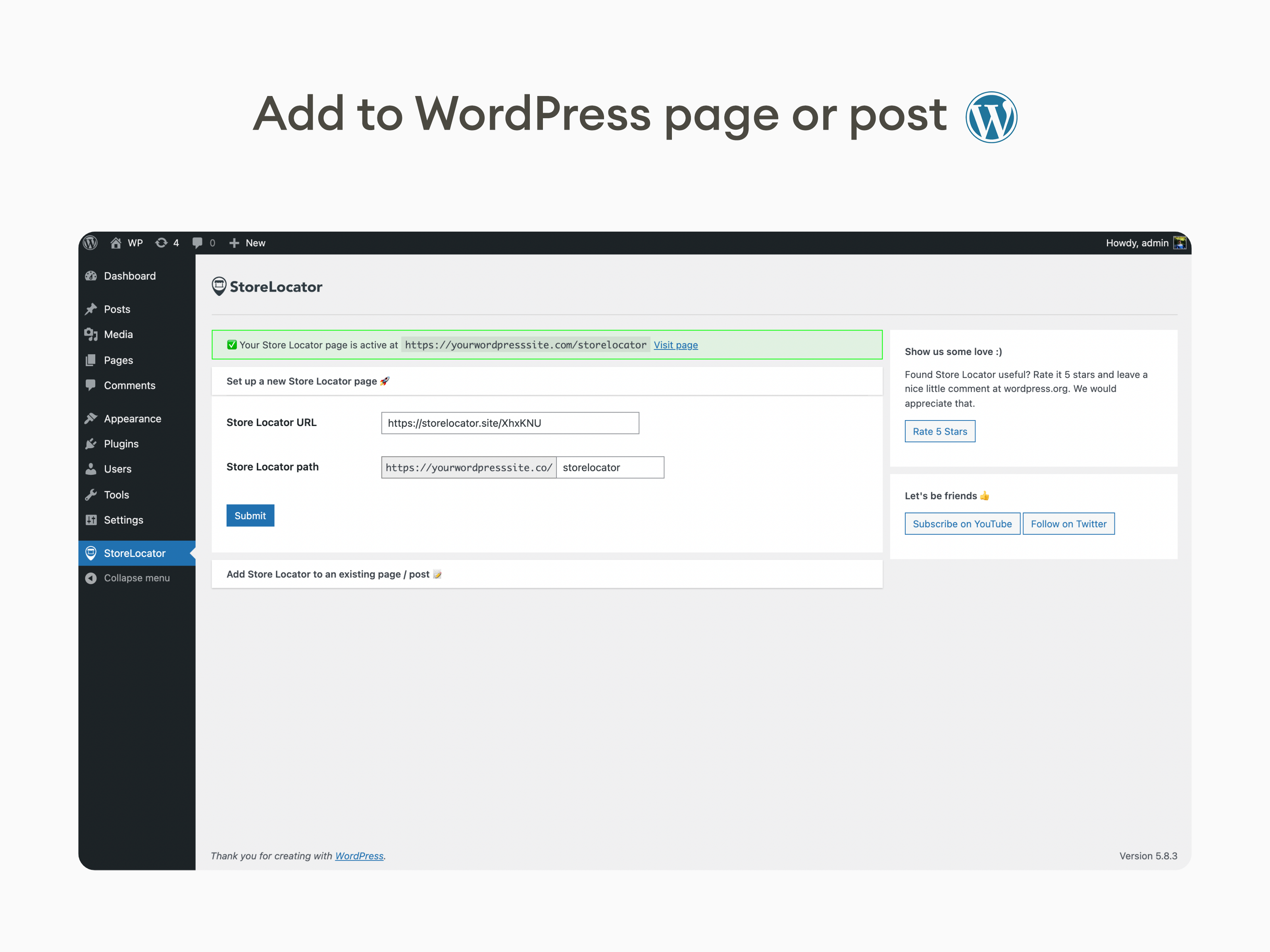 Add to WordPress page or post.