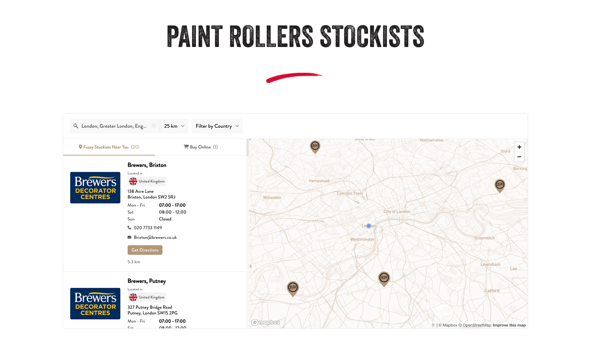A stockist locator with branded markers, opening hours, and country filters embedded on a website.