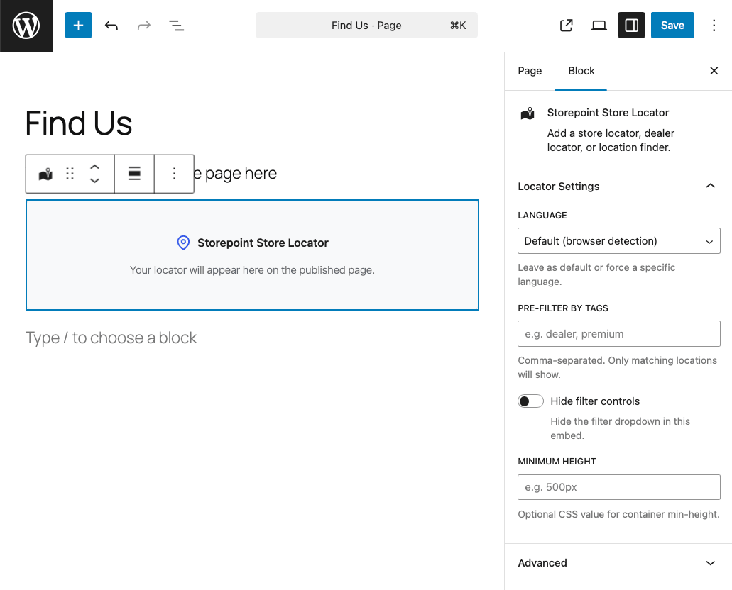 The Storepoint Gutenberg block with language, tag filter, and display settings in the sidebar.
