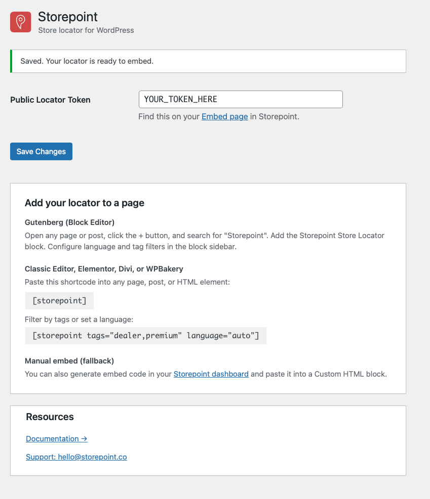 Plugin settings page with token setup, embed instructions for Gutenberg and shortcode, and resources.