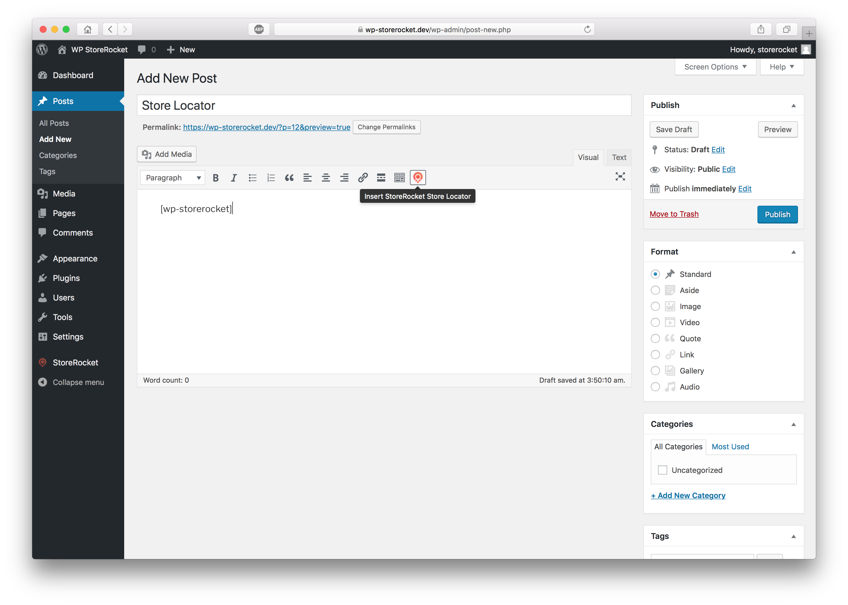 Post editor showing the StoreRocket button that inserts the shortcode in your page or post of choice.