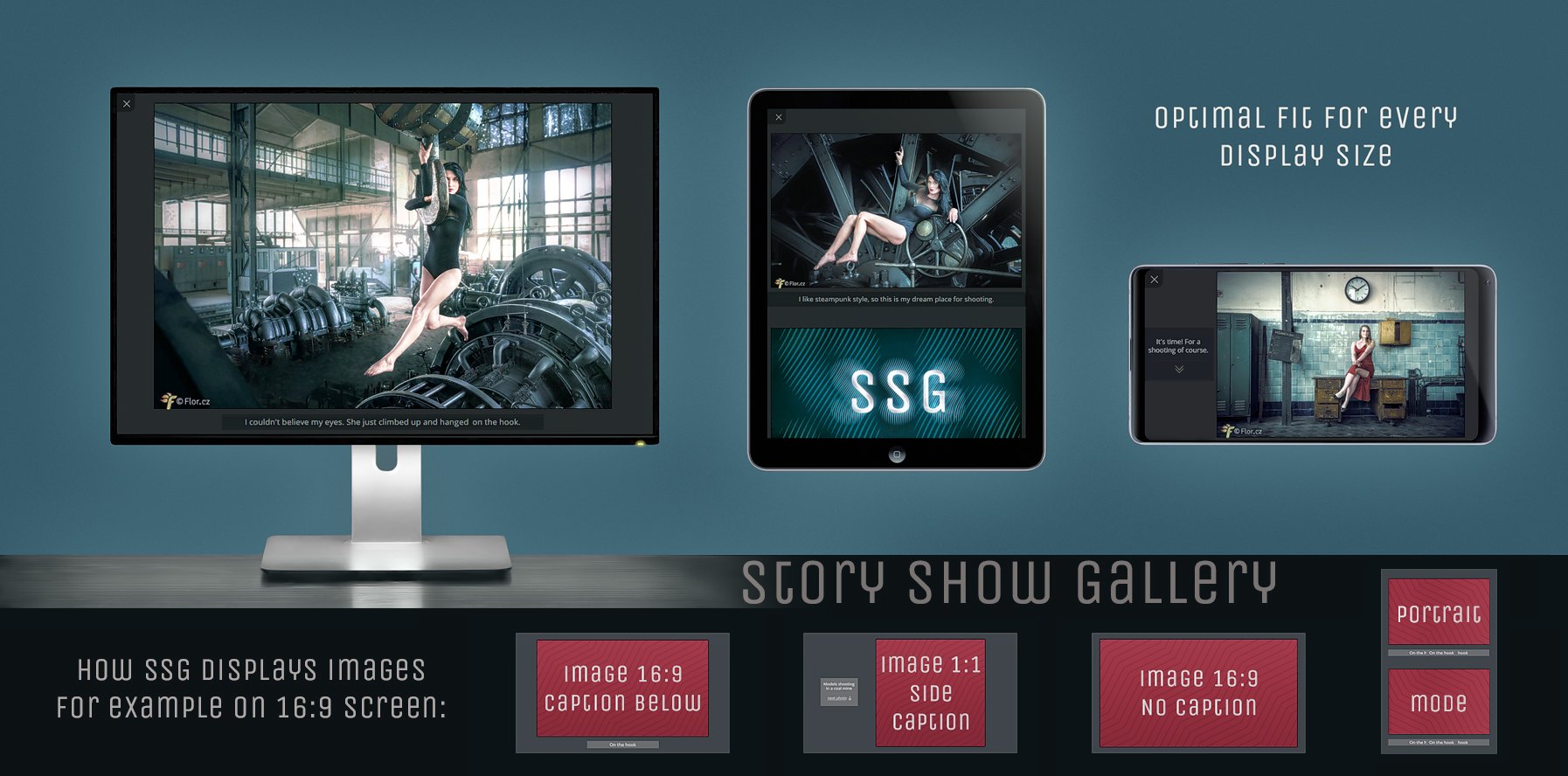 Optimal fit for every display size. SSG compares image size vs. screen size and place a caption to optimal position.