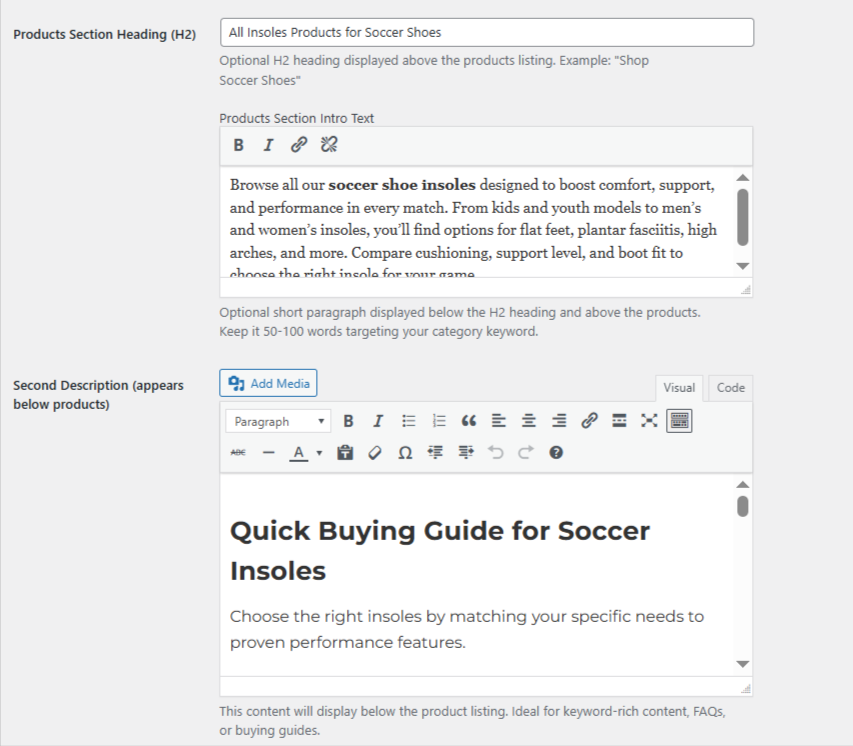 Category editor — per-category fields for descriptions, products heading, and intro text
