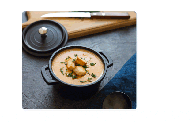 Image from a culinary blog with a shoppable layer. Click on the animated cart icon opens a product tooltip with Add to Cart button.