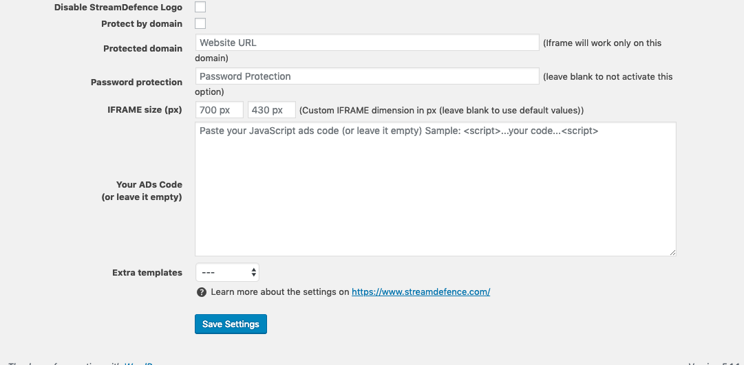 Settings page