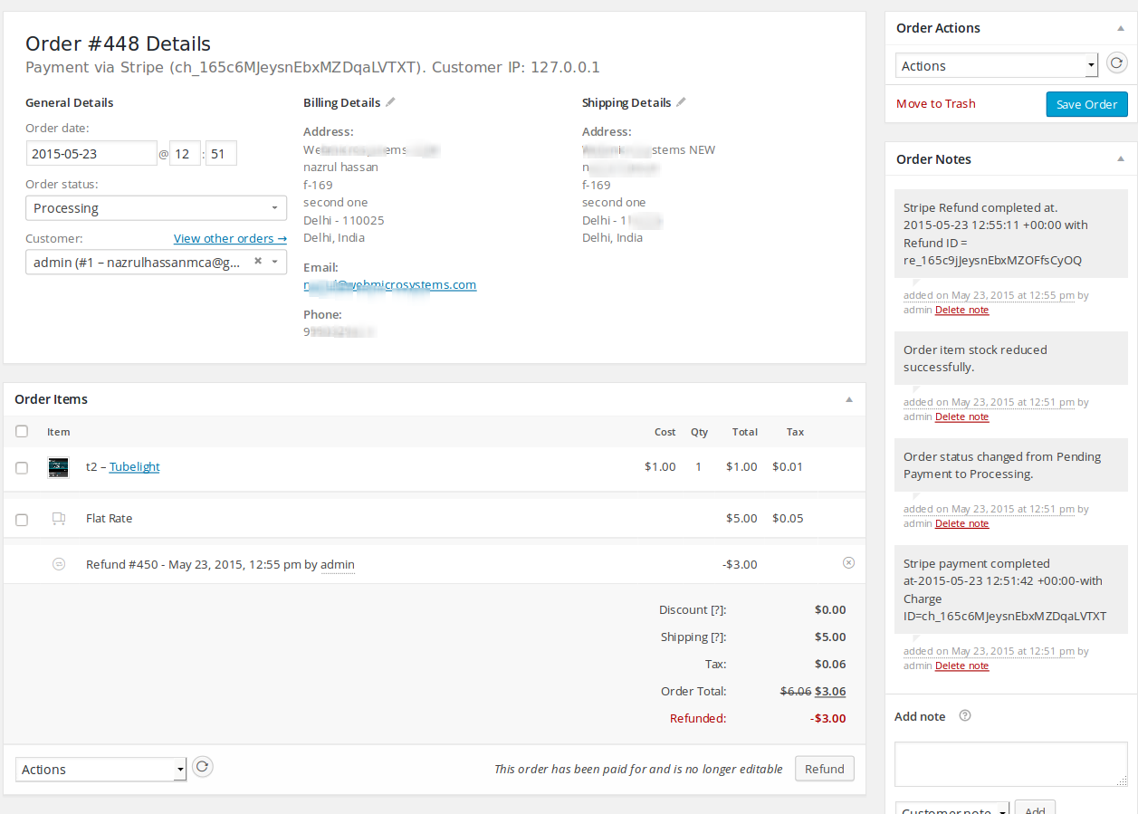 Screenshot 5 - This shows a partial refunded amount of order with charge & refund ID with charge id passed to order.
