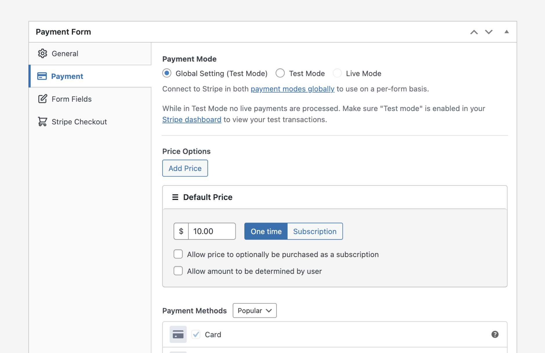 Payment form settings: Stripe Checkout options