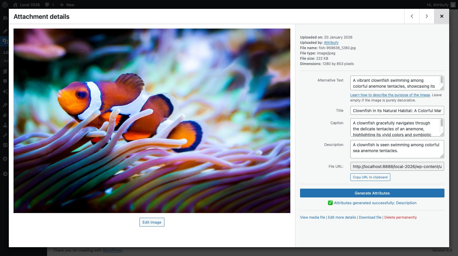 Media edit page with Generate Attributes button