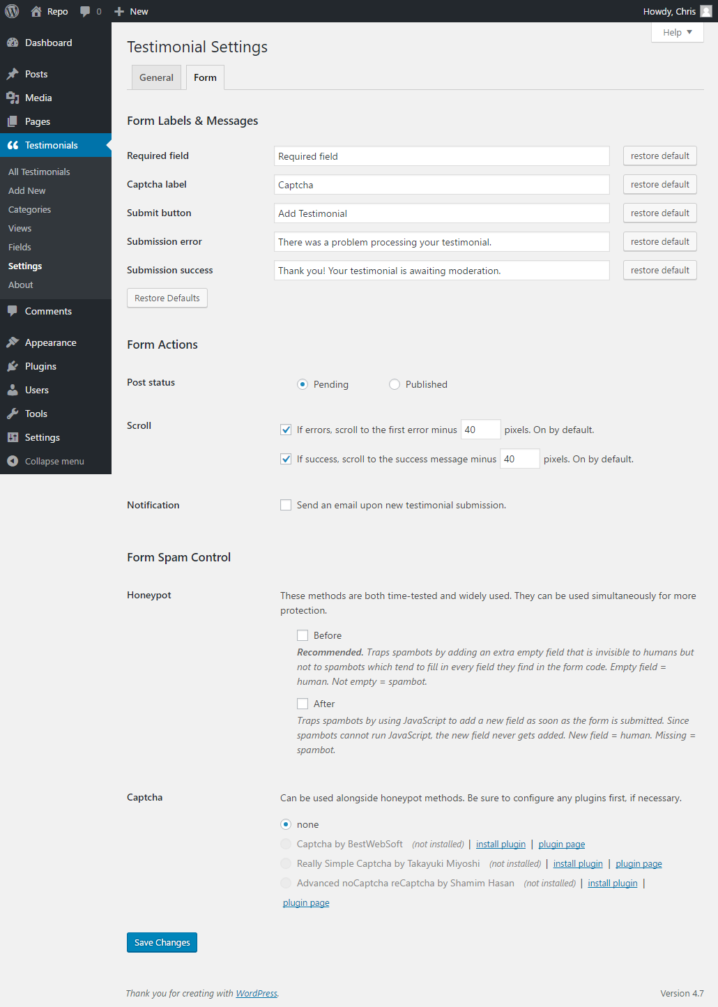 Form settings