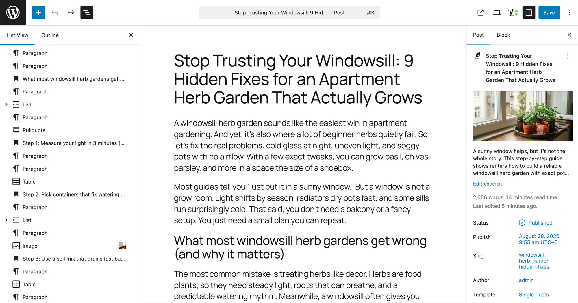 The generated post in the Gutenberg editor — List View shows