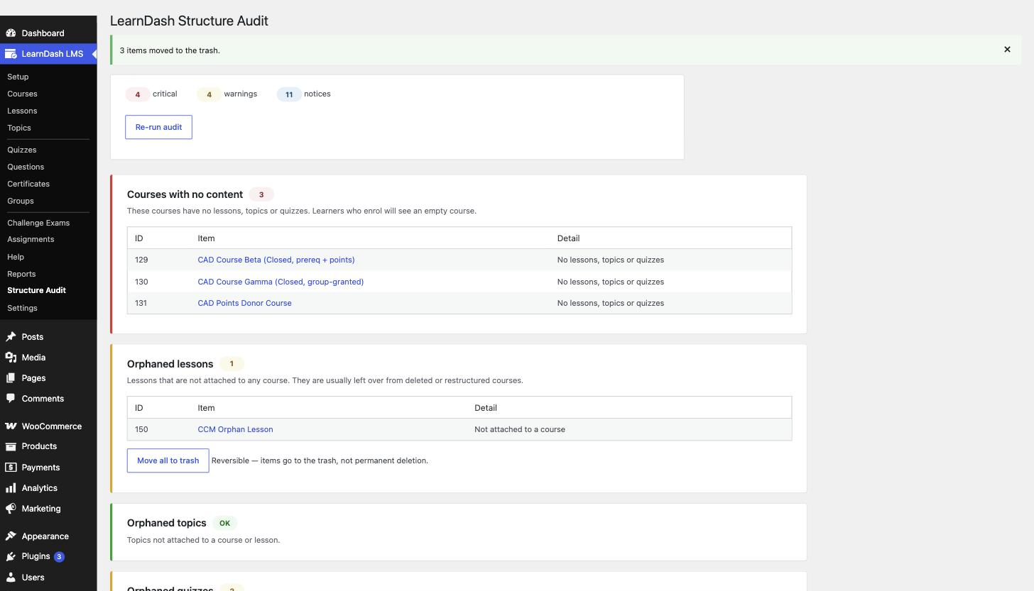 Cleanup is opt-in and reversible — items are moved to the trash, with a confirmation of how many.