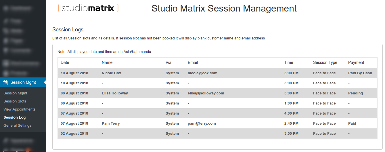 Session Log in action