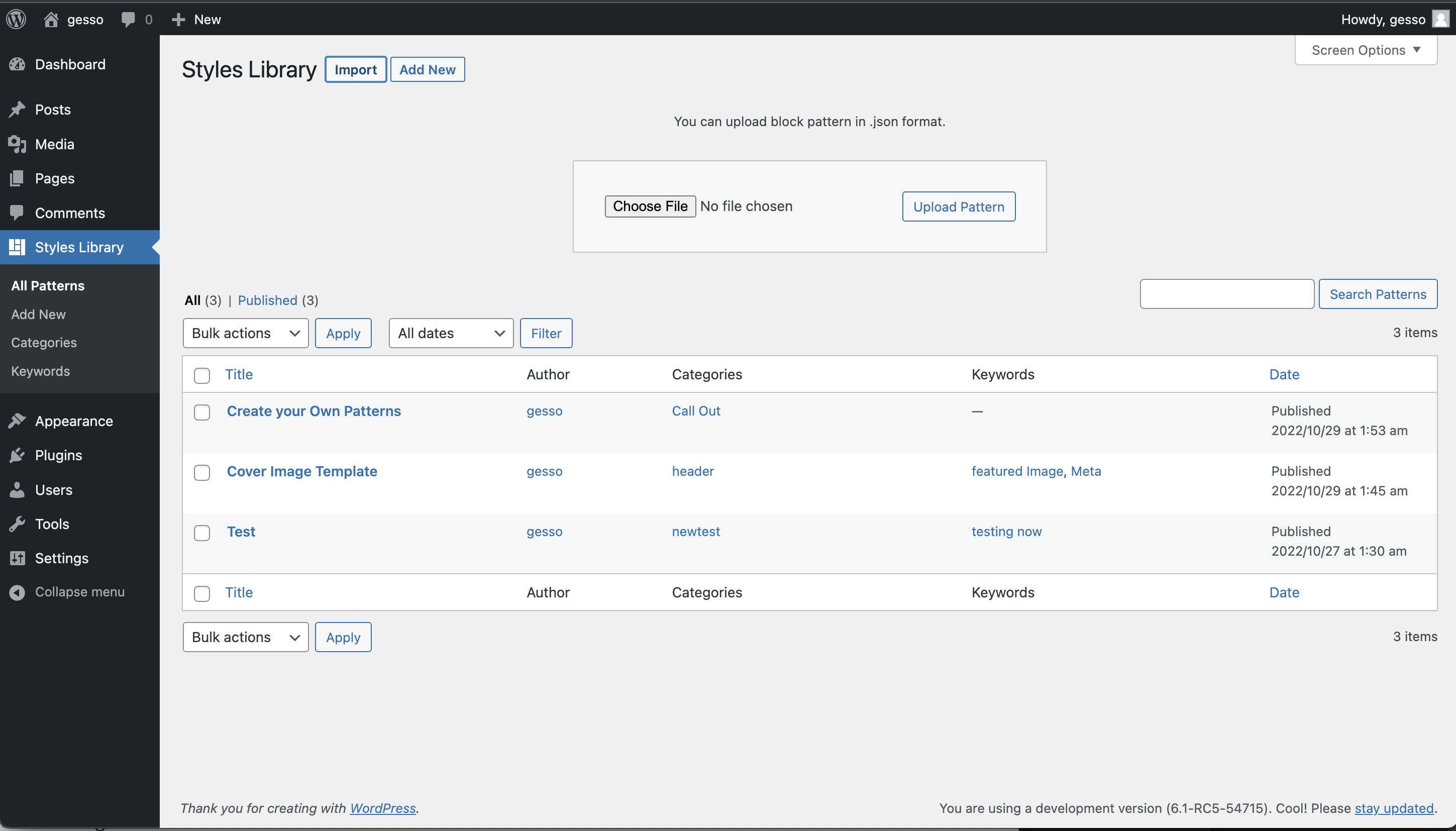 Admin view of Categories
