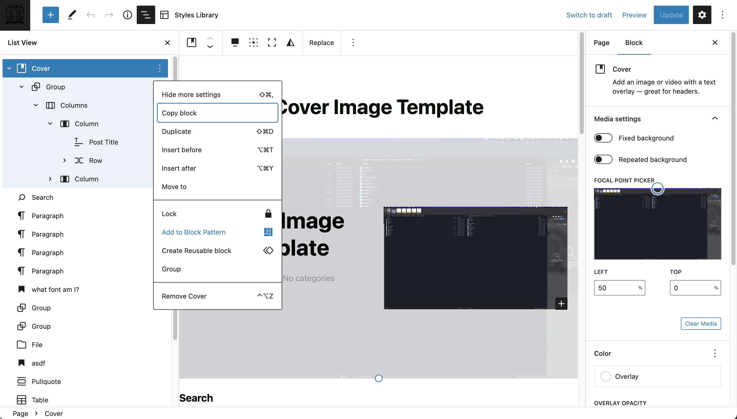 Admin view for Creating your own Block Patterns directly.