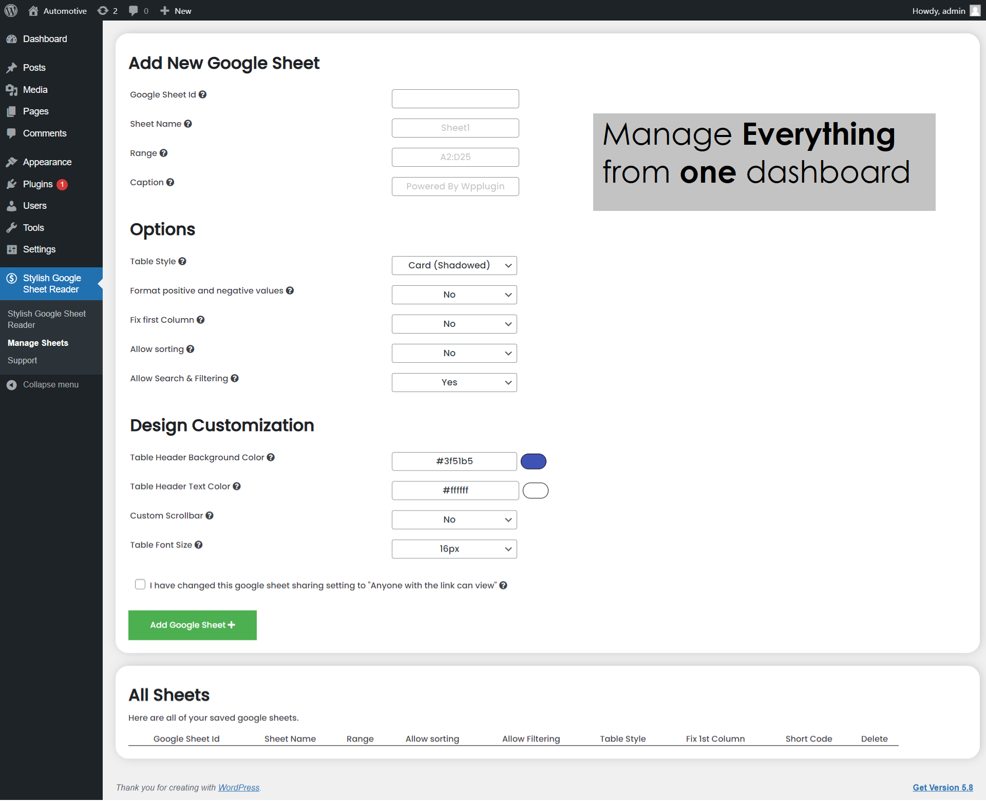 Manage all google sheets from one dashboard.
