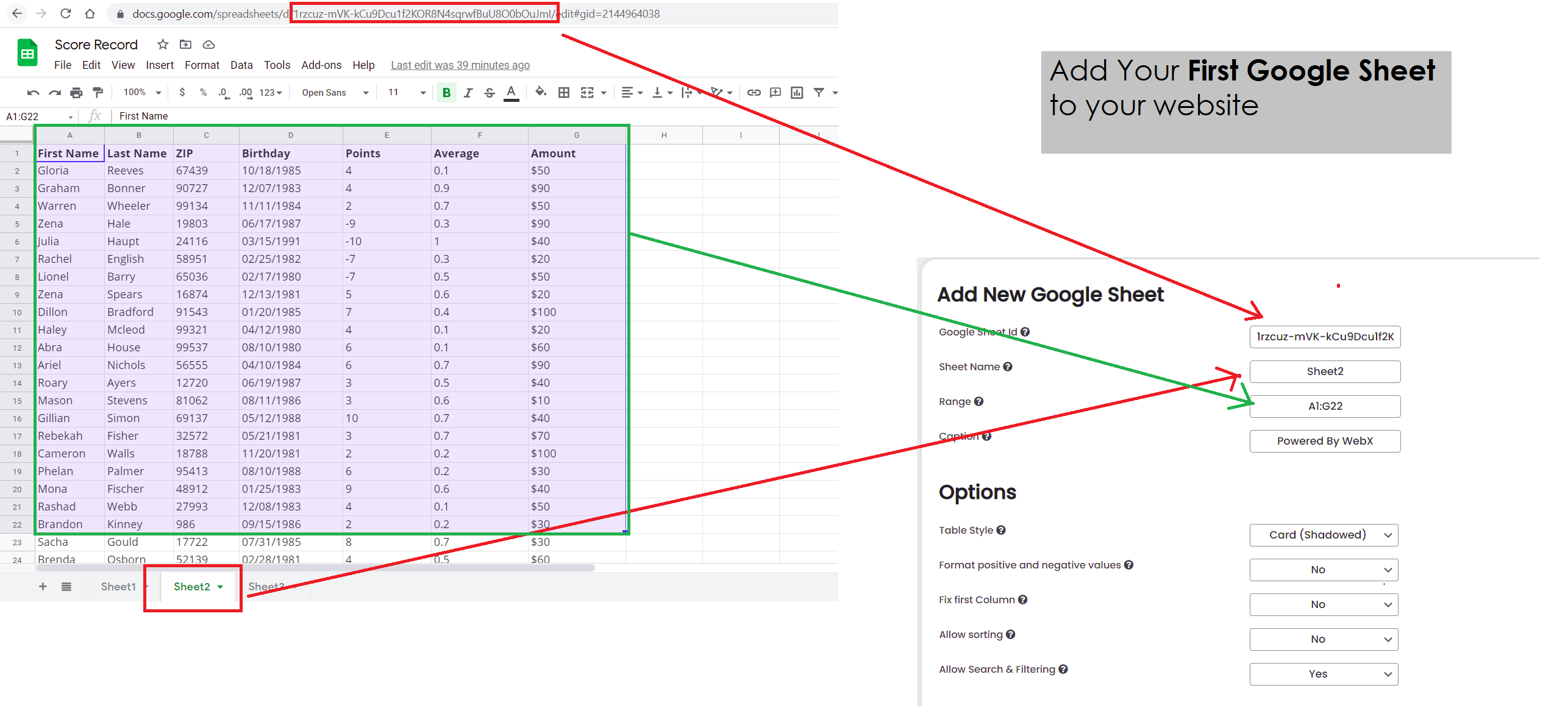 Connect your google sheet and manage options: Sorting, filtering, exporting data to other formats