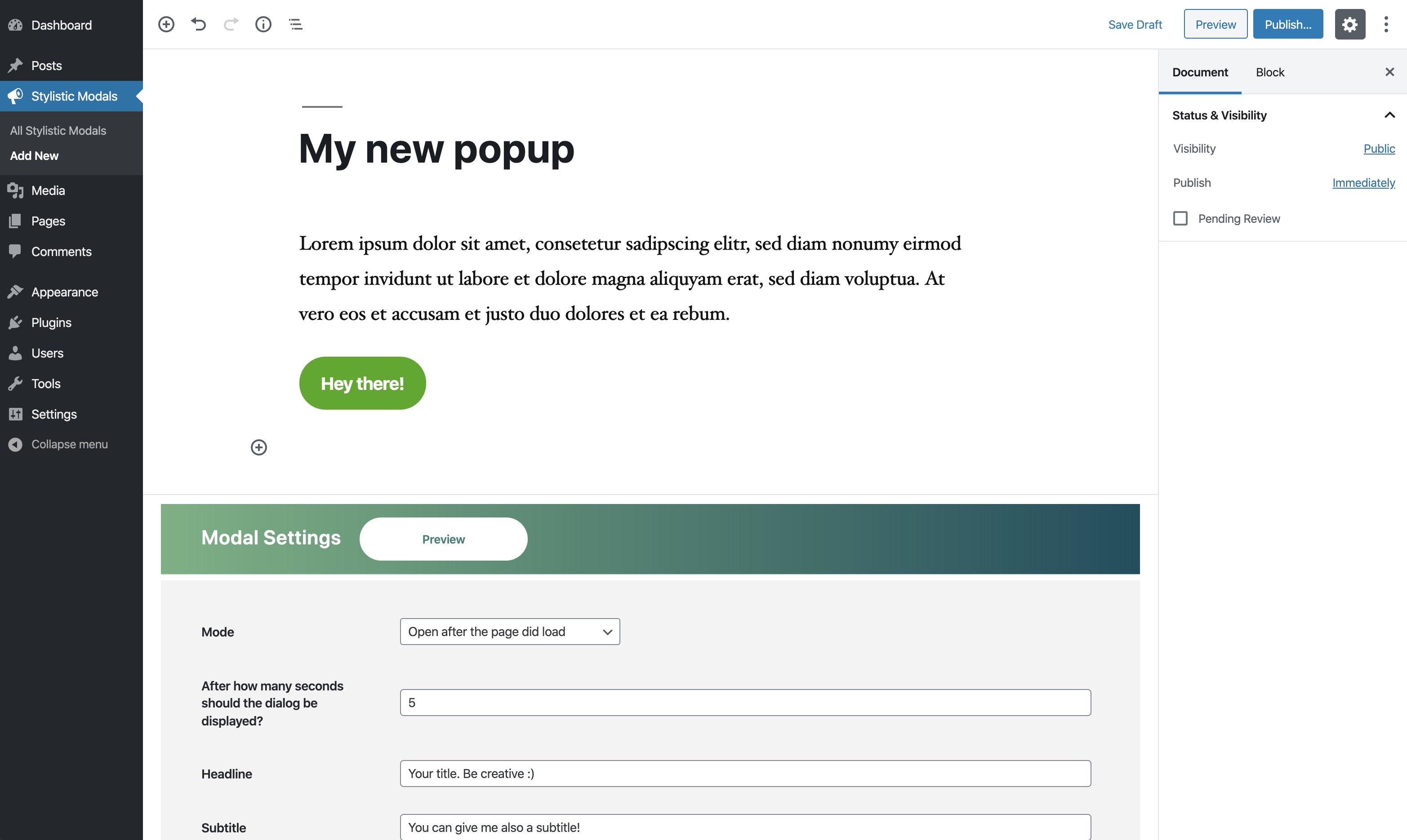 Use the Gutenberg editor to create your popup
