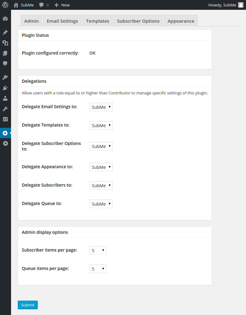 The SubMe -> Settings Admin page.