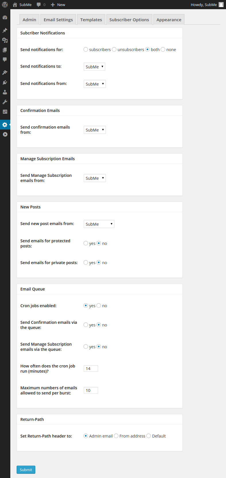 The SubMe -> Settings Email page.