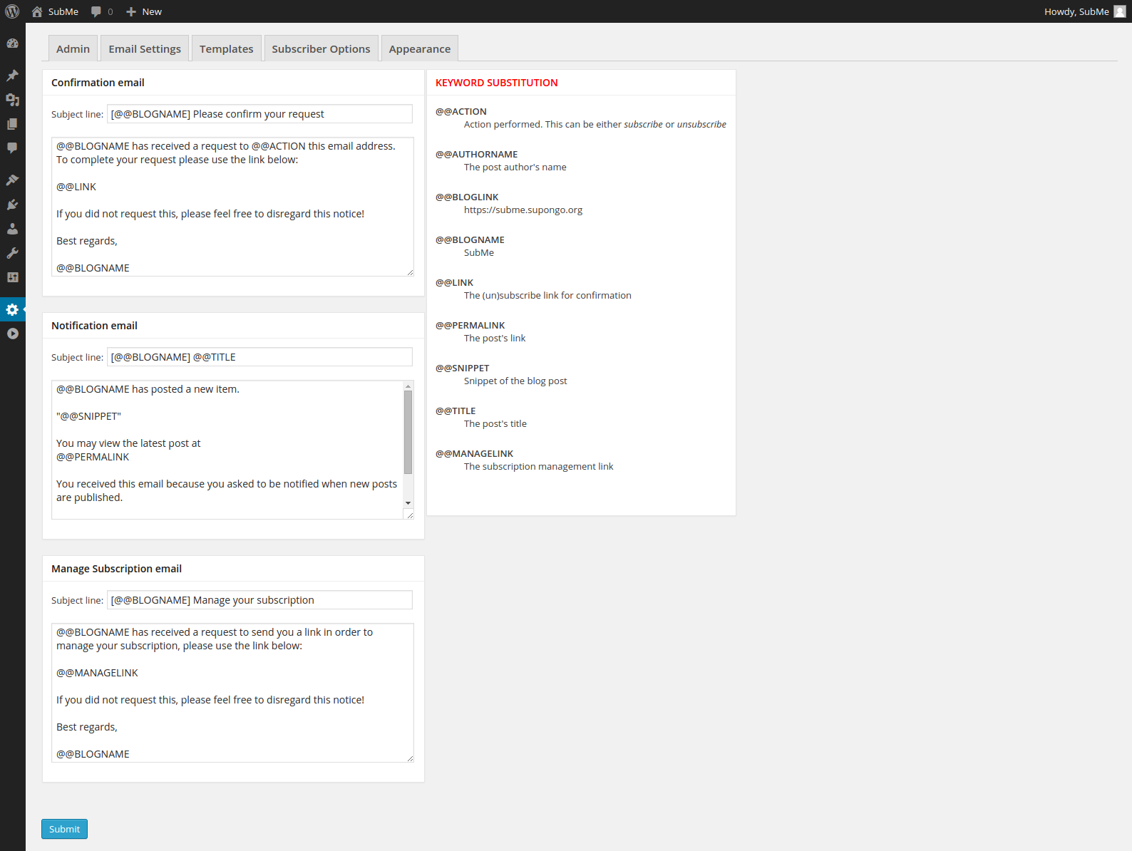 The SubMe -> Settings Templates page.