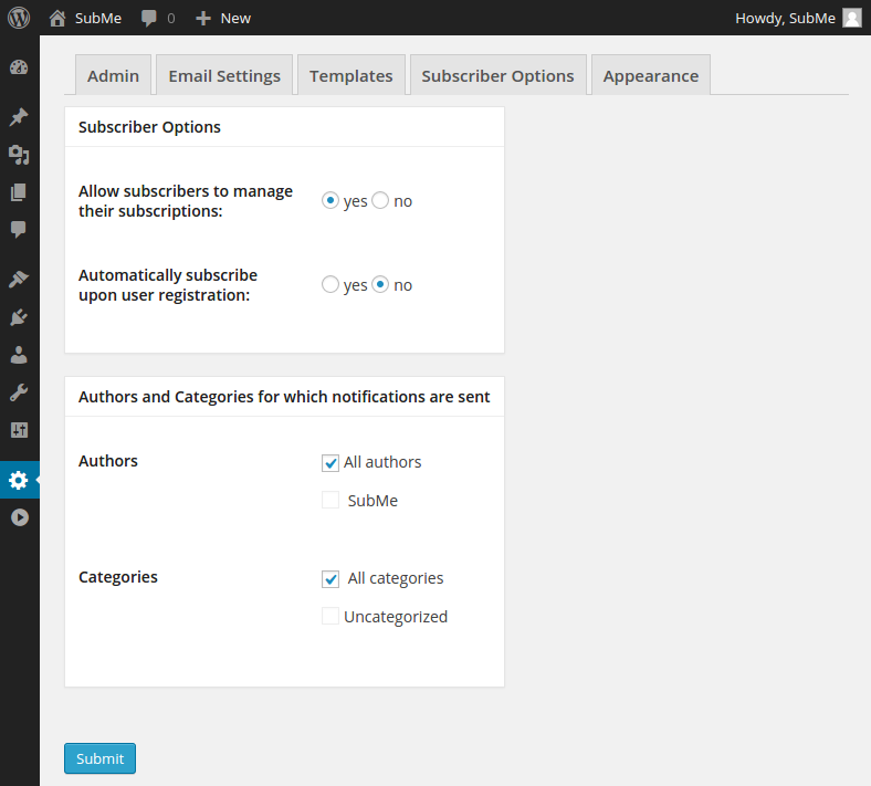 The SubMe -> Settings Subscriber Options page.