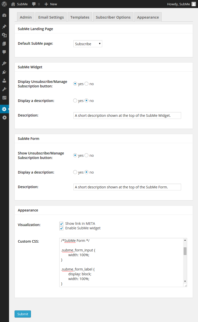The SubMe -> Settings Appearance page.