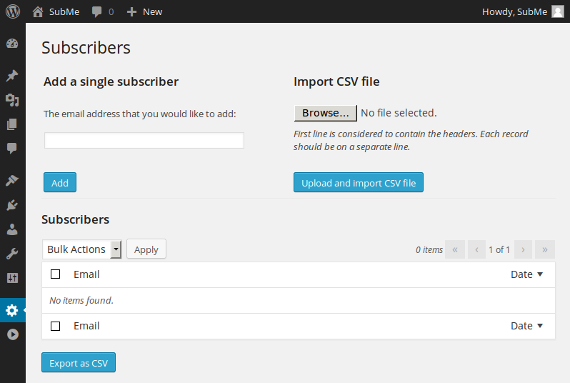 The Subscribers page to manage all subscribers.