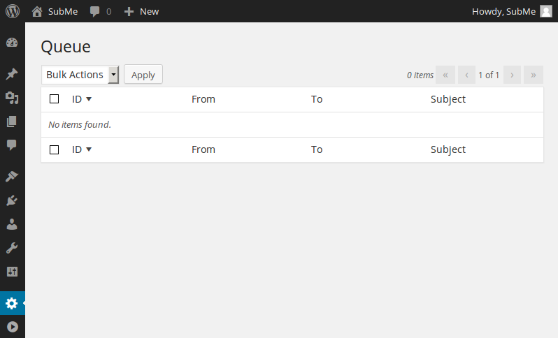 The Queue page to manage the emails that are scheduled to be sent out.