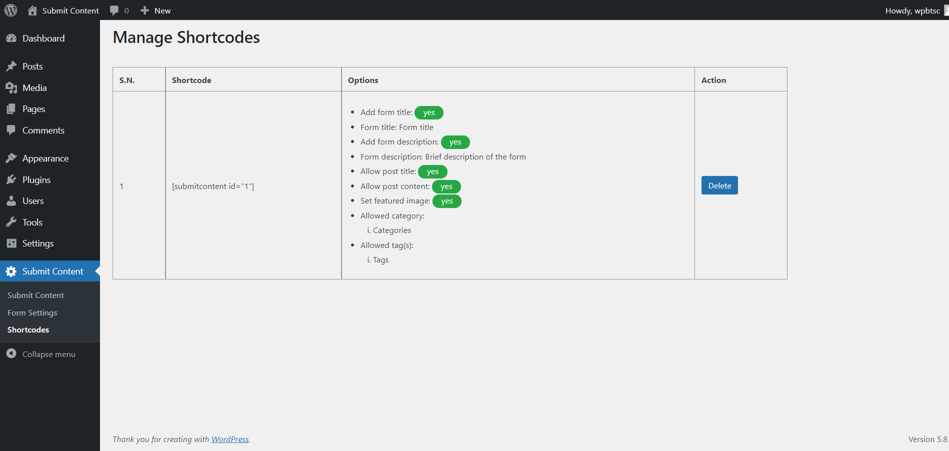 Submit Content manage shortcodes page