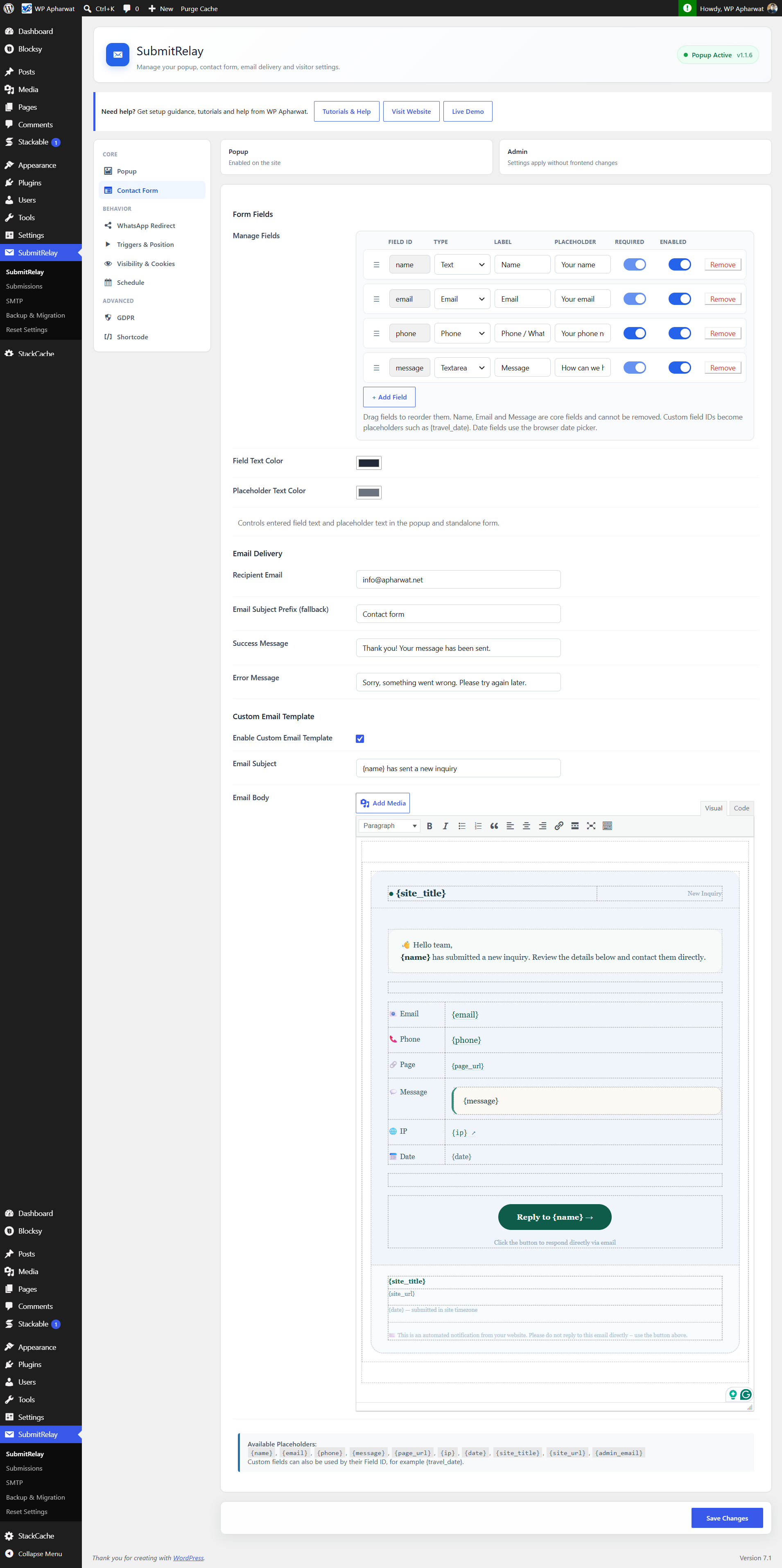 SubmitRelay email and SMTP settings.