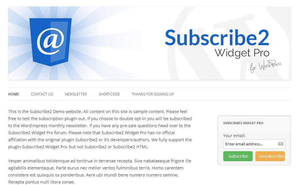 Subscribe2 Widget displayed in the demo theme sidebar