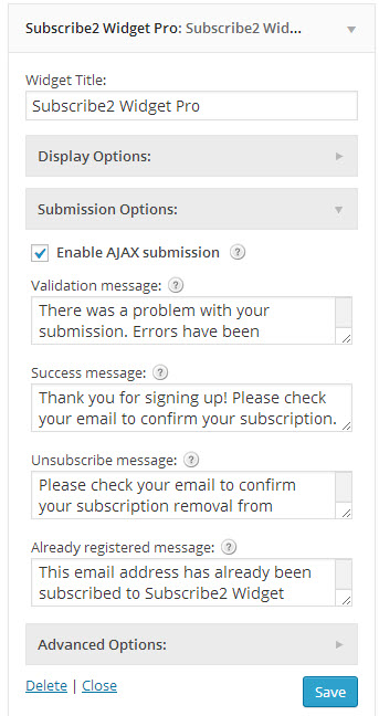 A view of the widget with the *Submission Options* panel toggled