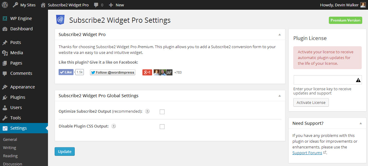 The plugin settings page