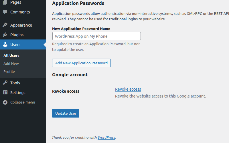 "Revoke access" link on the WordPress profile page.