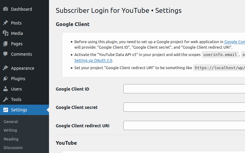 Subscriber Login for YouTube on the WordPress Settings page.