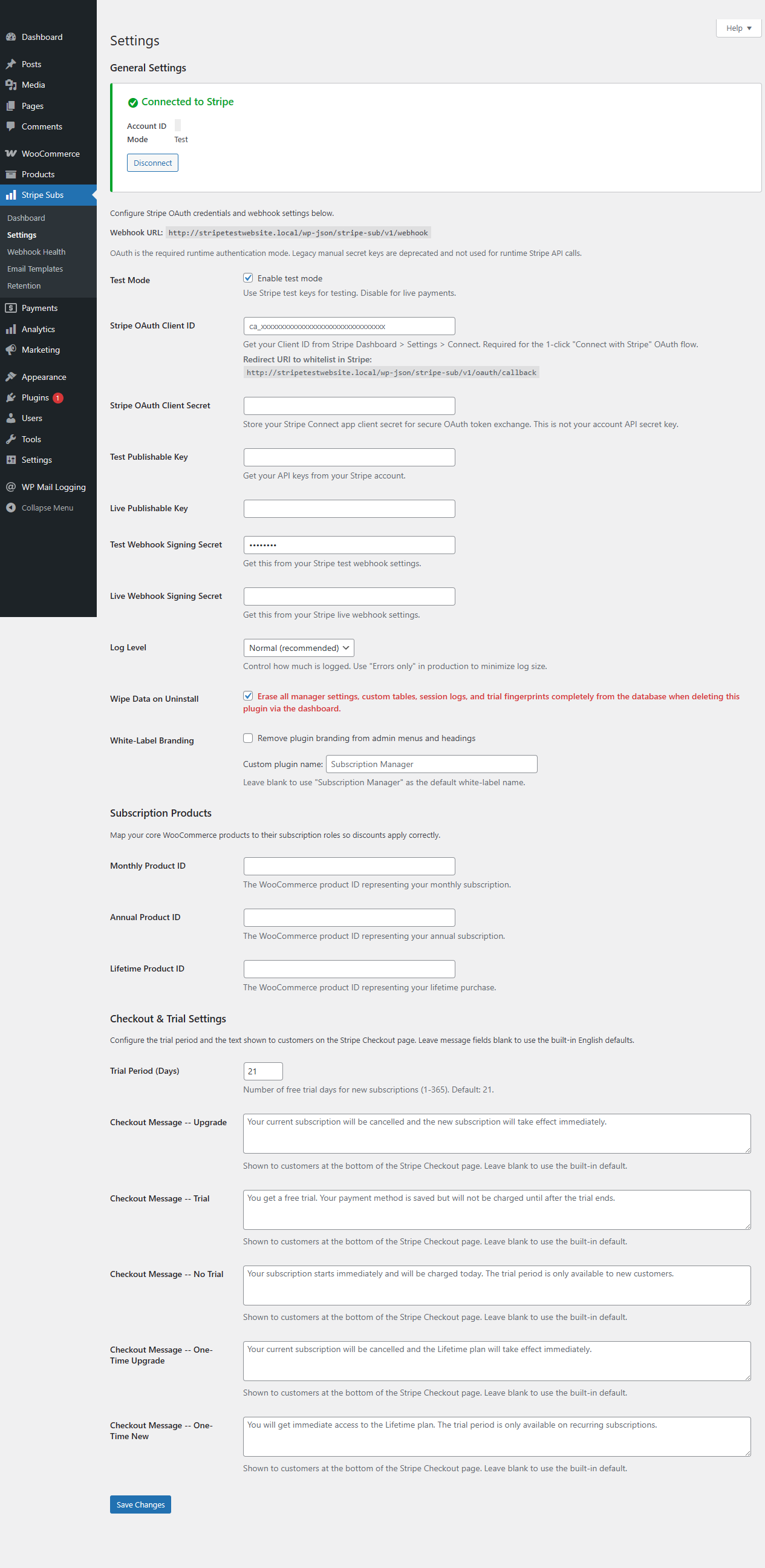 Settings: Stripe OAuth connection status, webhook URL, API keys, log level, checkout messages, and subscription product mapping.