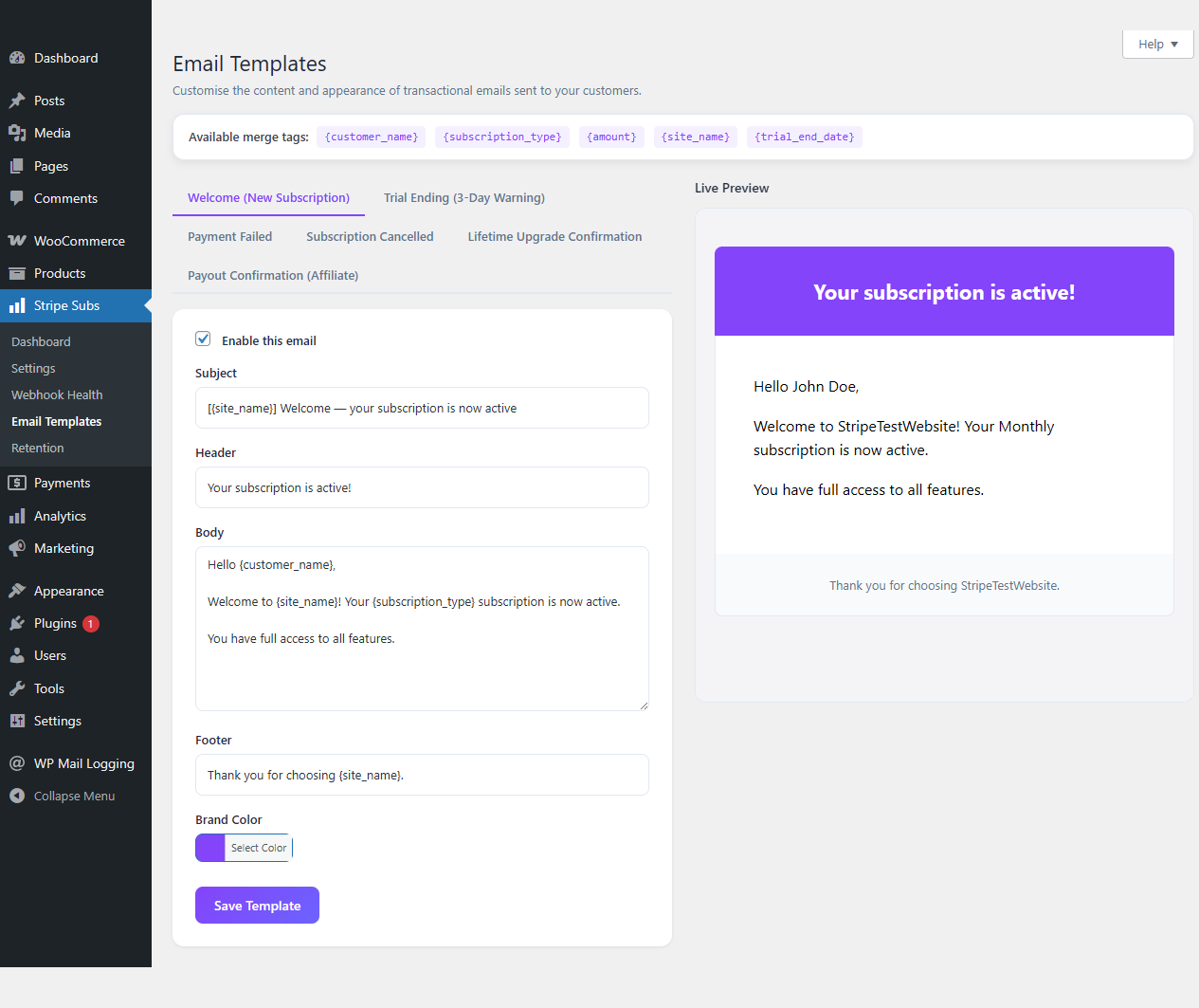 Email Templates with live preview: customize transactional emails with merge tags, brand color picker, and instant preview. (Starter plan and above)