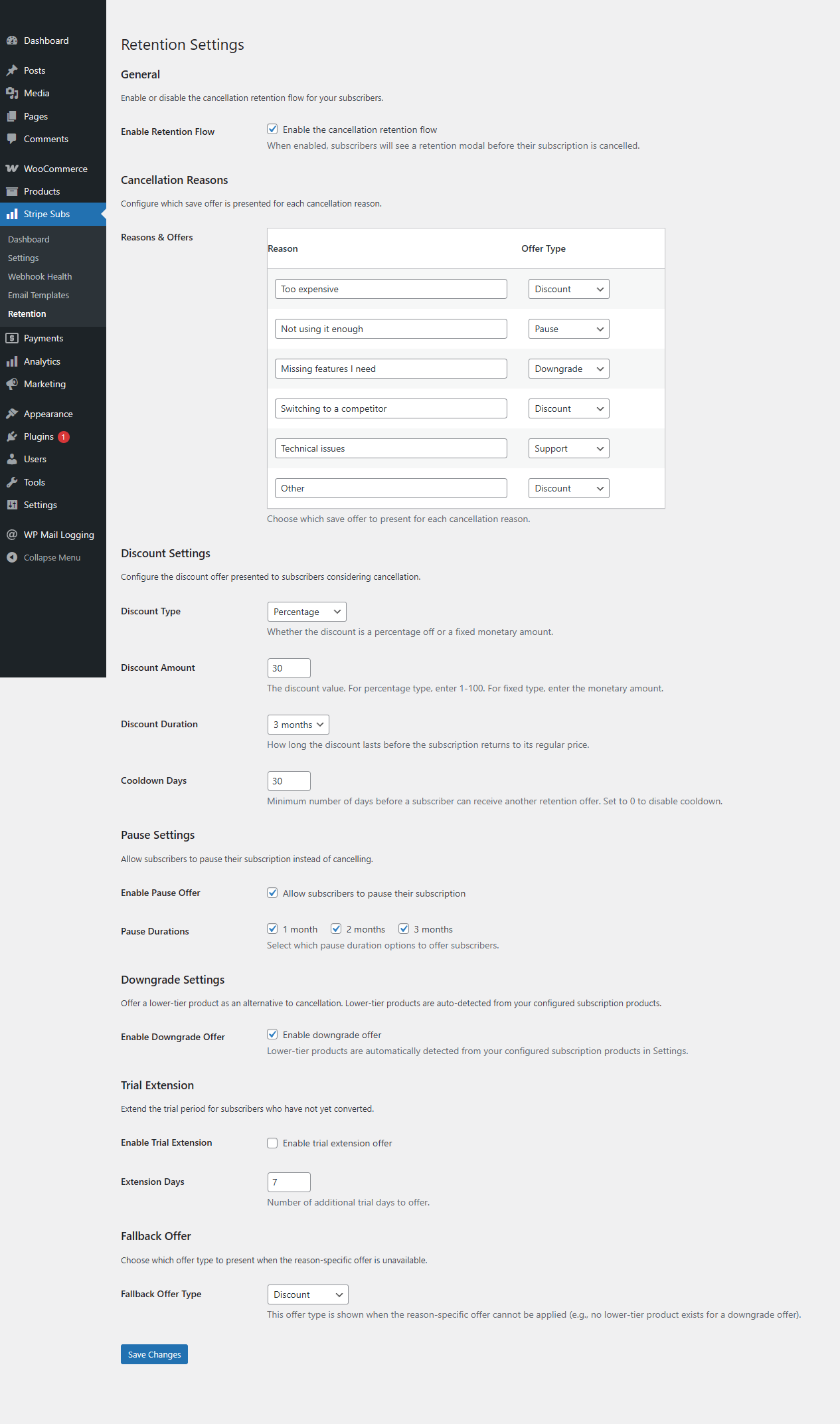 Retention Settings: configure cancellation reasons, discount/pause/downgrade save offers, cooldown periods, and fallback offers. (Starter plan and above)