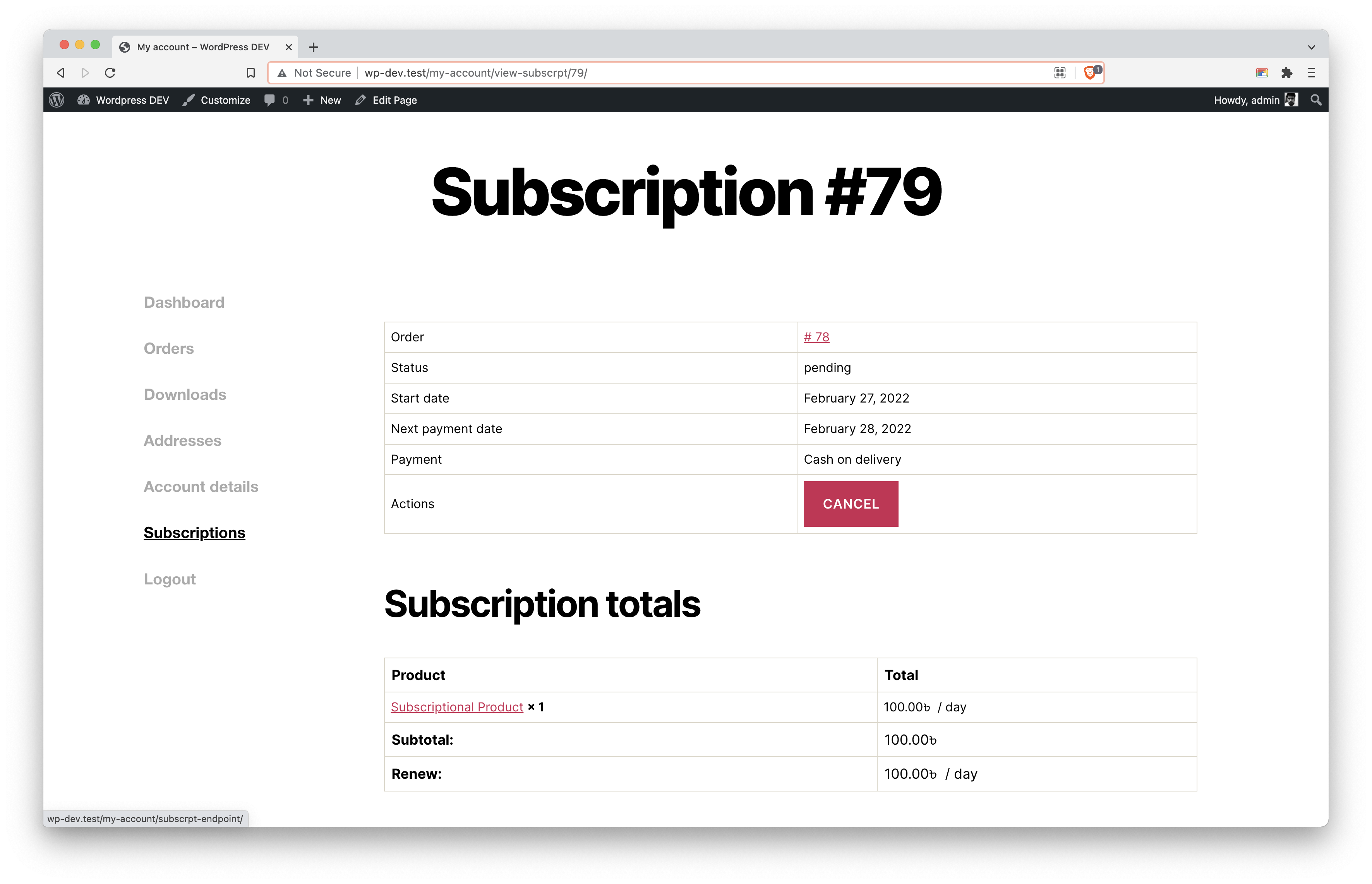 WooCommerce Cart Page with Subscription Item