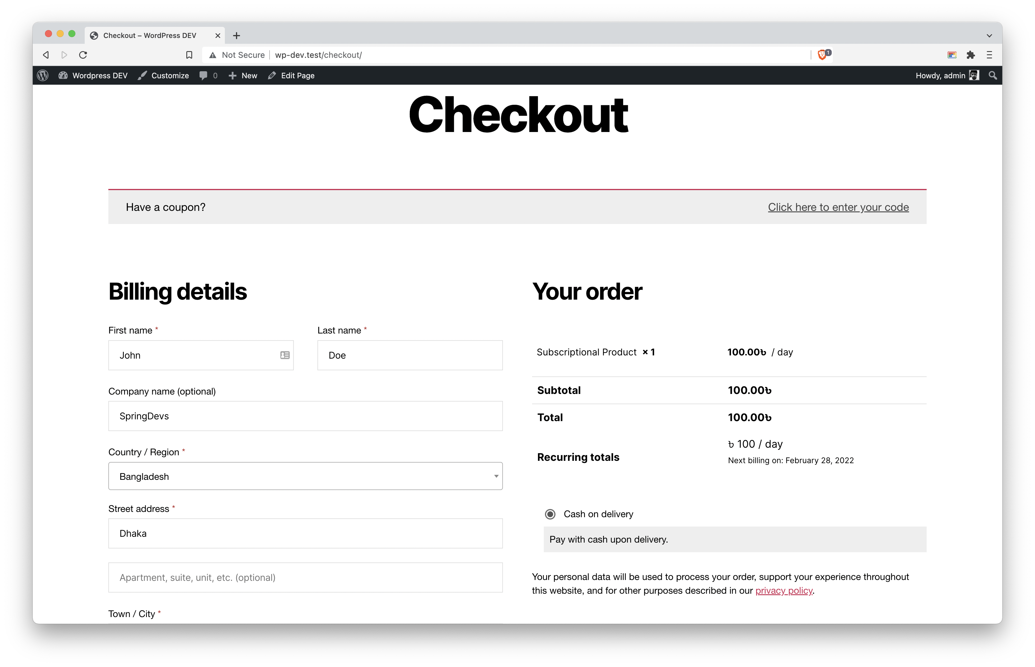Admin Panel – Subscription List View