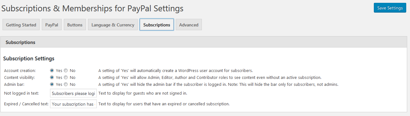 Settings page - Subscriptions options