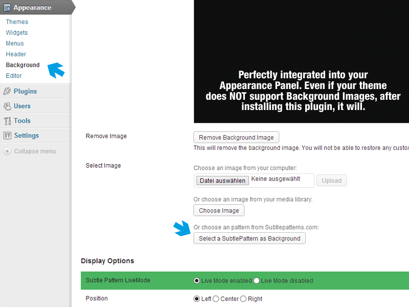 Perfect Backend Integration directly into Appearance Panel