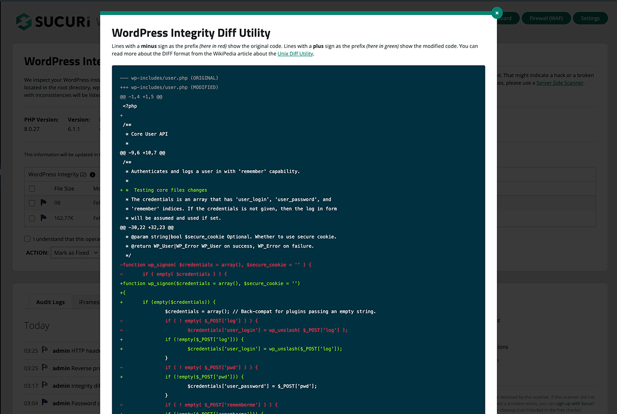 Audit Logs and Malware Scanner - Reports suspicious events and malicious code.