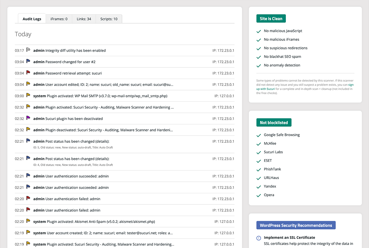 Sucuri Firewall - Settings visibility, audit logs, IP blocklisting, and cache.