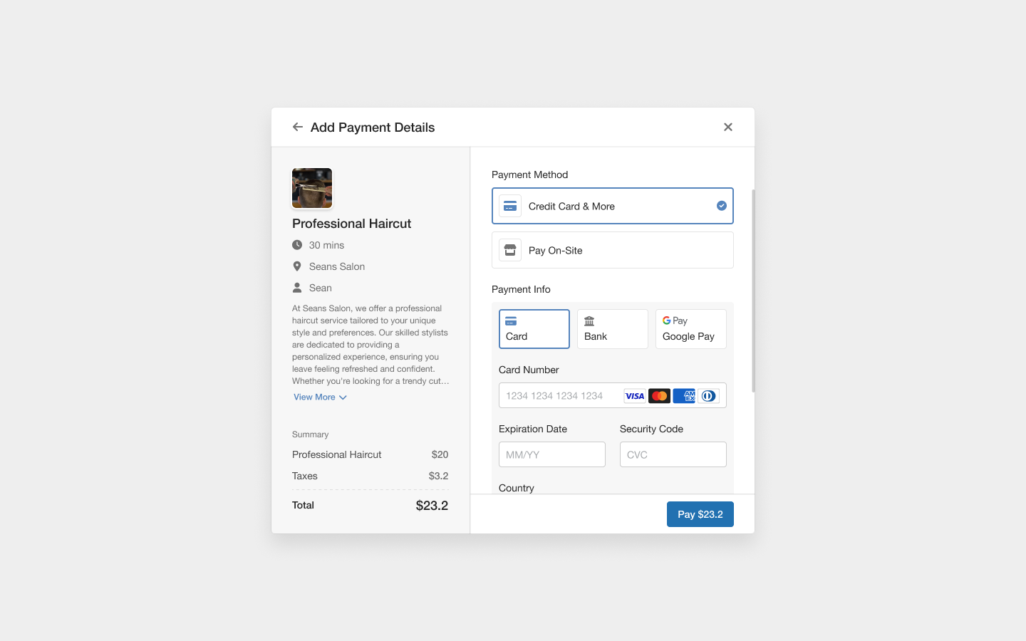 Service editor - Configure service details including pricing, duration, and locations.