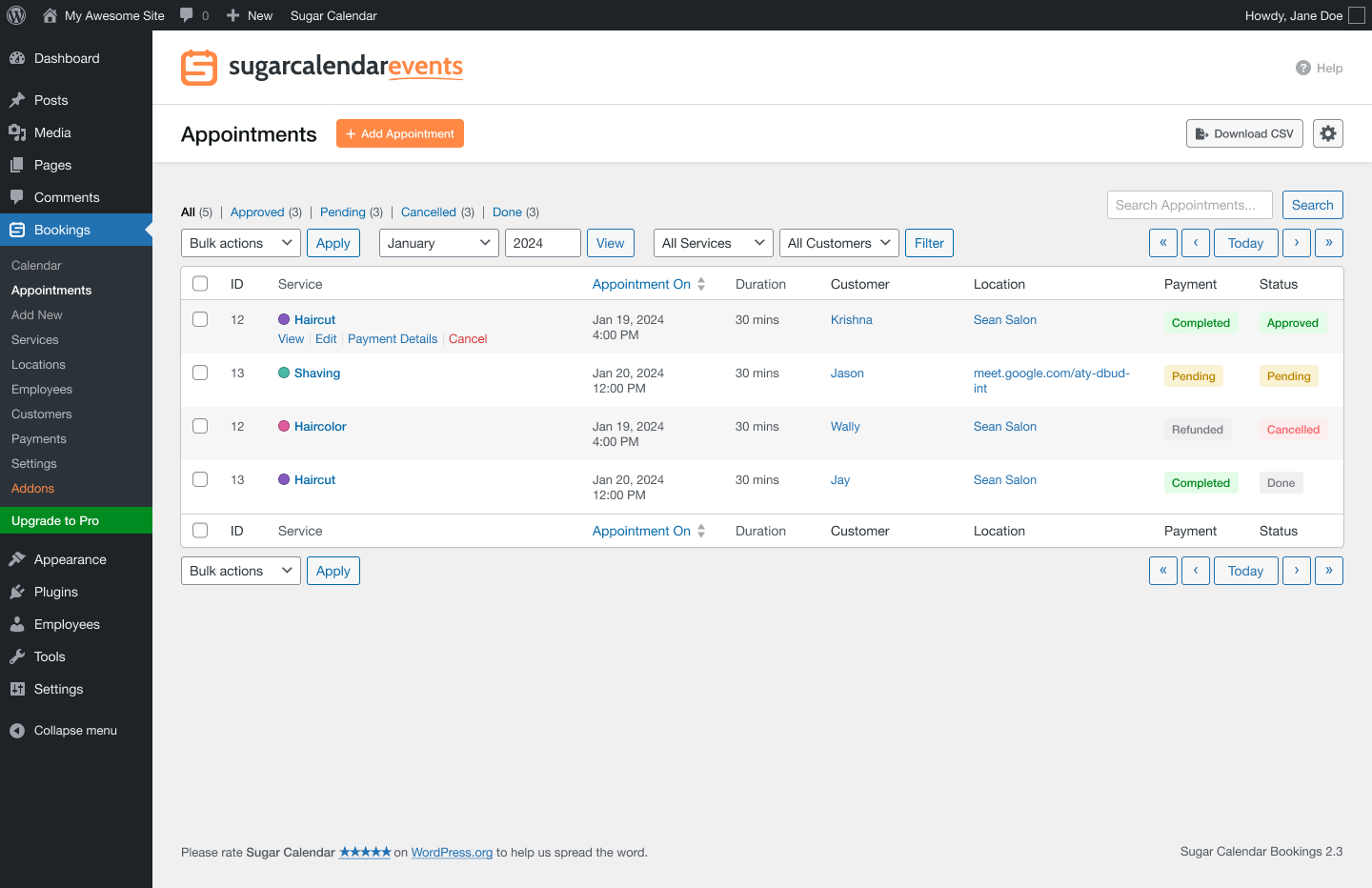 Calendar month view - Color-coded appointment calendar in the admin dashboard.